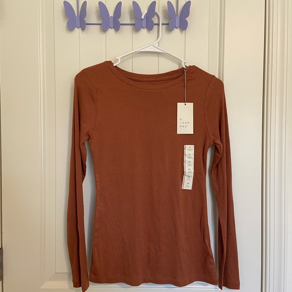 NEW‎ A New Day women’s brown tan ribbed crewneck long sleeve shirt top XS